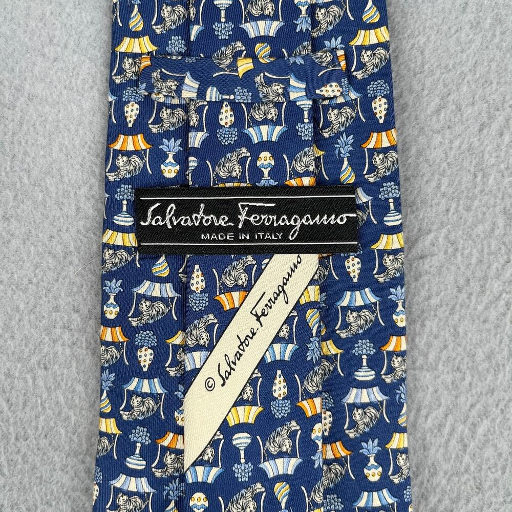 Salvatore Ferragamo Necktie Silk Blue Circus Tiger Tent Mens Made In Italy Tie